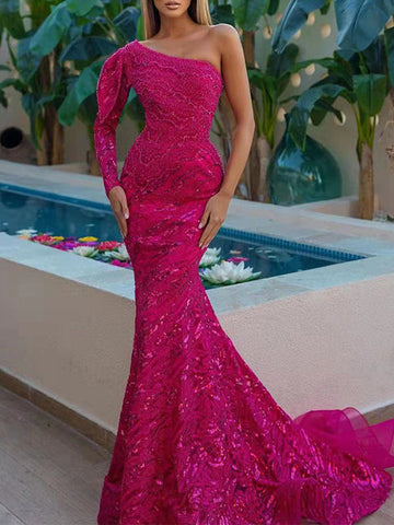 Woochic robe longue moulante une épaule brillante paillette mode bal de promo
